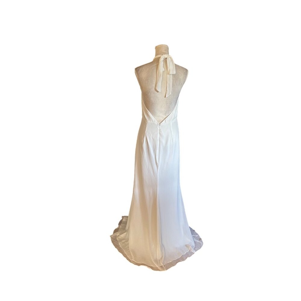 Lulus Halter Neck Chiffon Overlay Satin Dress Open Back Flowing Train  L NWOT